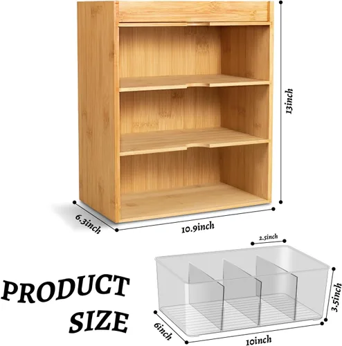 Vista 3 de Organizador de bolsas de té, organizador de almacenamiento de té de bambú con cajón de 3 capas, organizador de té para bolsas de té, madera natural