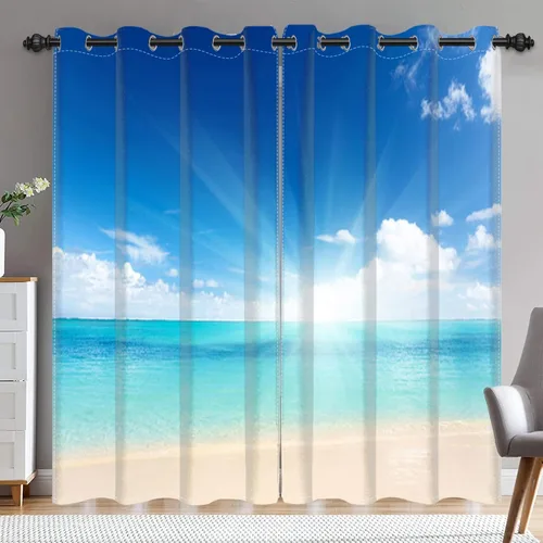 Vista 13 de Renaiss Cortinas opacas junto al mar, palmera de coco, tropical, para ventana de playa, dormitorio, cortinas de ventana con ondas oceánicas azules