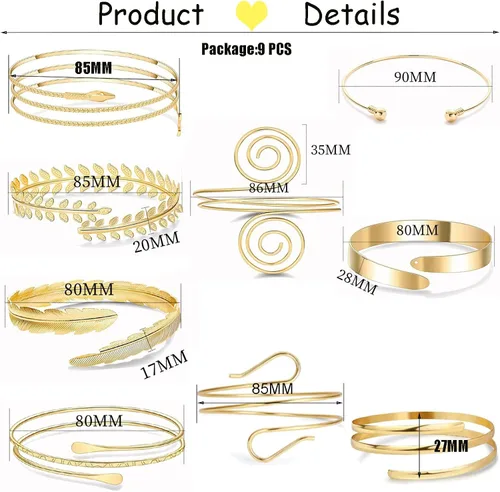Vista 4 de CASDAN 9 piezas de brazalete de brazo superior para mujer pulsera de brazo minimalista de oro ajustable de bobina abierta brazalete de pulsera