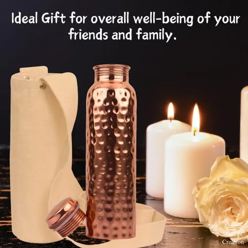 Vista 4 de Pure Copper Water Bottle 34 oz (1 Liter), Hammered Ayurvedic Copper Bottle with Leakproof Lid & Protective Carrying Sleeve Strap for Yoga, Travel &