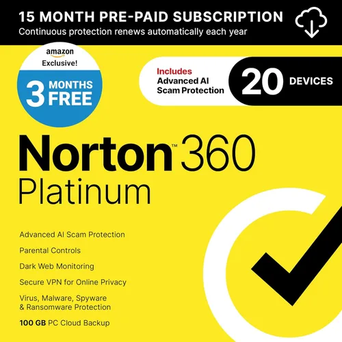 Norton 360 Platinum 2021 - Software antivirus para 20 dispositivos con renovación automática - 3 meses GRATIS - Incluye VPN, copia de seguridad en