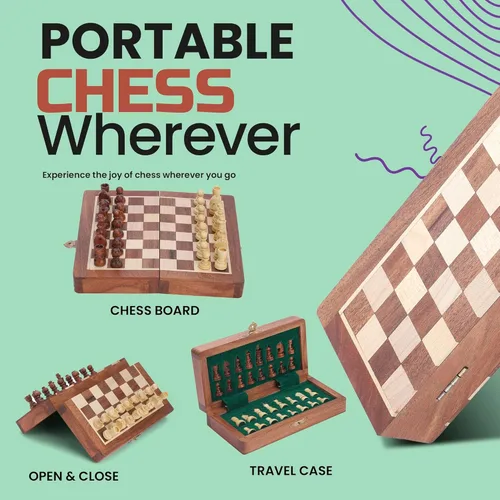 Vista 3 de Ajuny Juego de Ajedrez Magnético para Viaje - Madera de Acacia Hecha a Mano, Tablero Plegable con Elegante Almacenamiento Edades