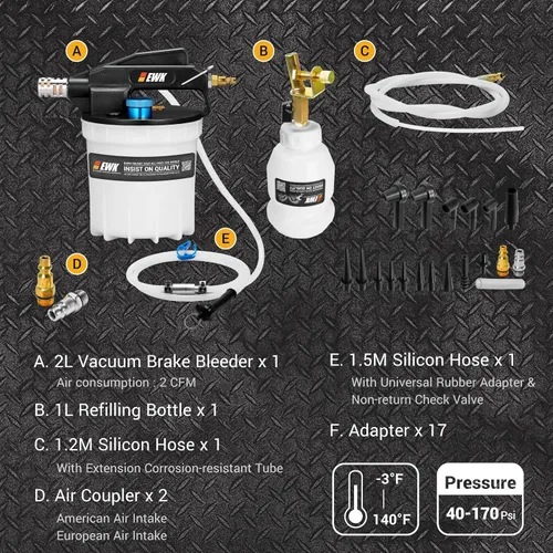 Vista 2 de EWK Kit de purga de frenos neumática de 23 piezas, bomba de purga de frenos al vacío de 2L y botella de recarga de líquido de 1 litro, sistema
