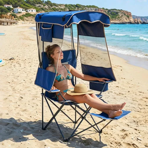 Vista 9 de ABORON Silla de camping con toldo, silla de camping plegable con protección solar UPF 50+ de 3 lados, silla portátil al aire libre con bolsa
