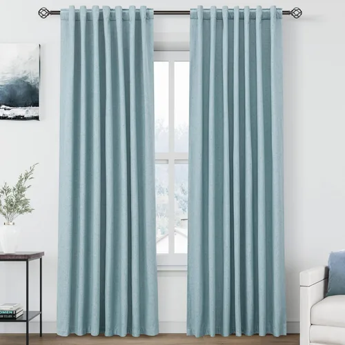Vista 35 de Cortinas de lino verde aguamarina de 102 pulgadas de largo con pestaña trasera, bolsillo para barra, cortinas de lino opacas que absorben el sonido