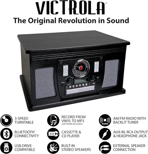 Vista 3 de Victrola Navigator 8 en 1 Reproductor clásico de discos Bluetooth con codificación USB y tocadiscos de 3 velocidades Individual Negro