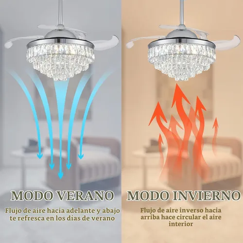 Vista 4 de CLAIRDAI Ventilador de techo de 42" de oro con candelabro de cristal y luces con APP y control remoto, lámparas regulables, 3 cambios