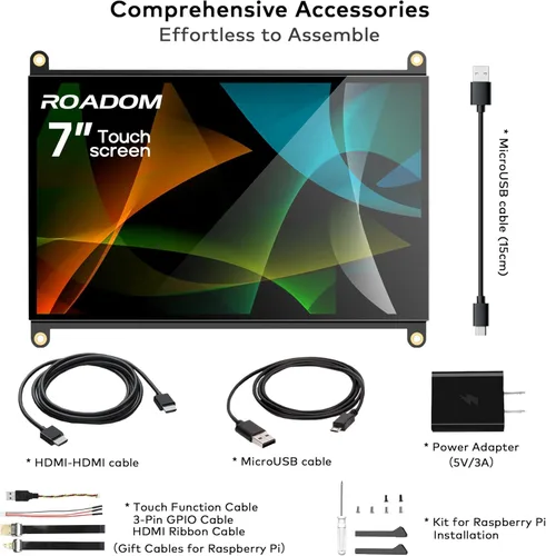 Vista 6 de ROADOM Pantalla Raspberry Pi de 7 pulgadas, IPS1024 × 600, táctil suave sensible, altavoces incorporados duales, entrada HDMI, compatible