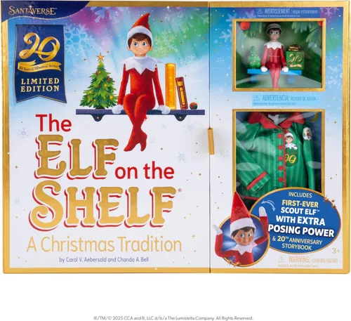 Vista 2 de The Elf on the Shelf: Una Tradición Navideña Edición Limitada del 20º Aniversario Set de Caja - Elfo Explorador Posicionable con Ojos Azules, Libro