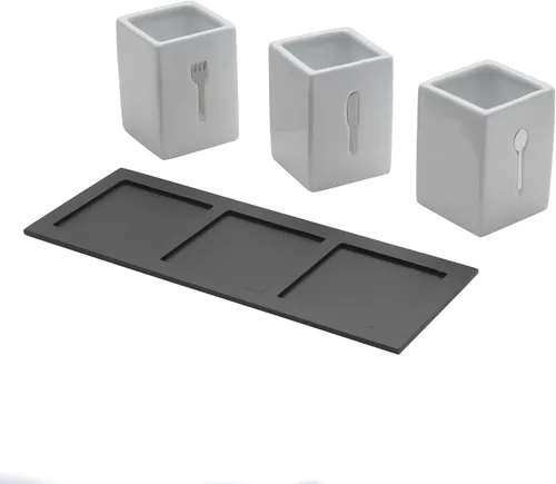 Vista 2 de Towle Living Carrito de cerámica de 3 piezas con bandeja de madera, blanco, negro