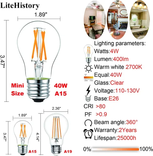 Vista 4 de LiteHistory Bombilla LED A15 regulable de 4 W igual a 40 W, bombilla LED E26, AC120V, bombilla LED vintage Edison para bombillas de ventilador