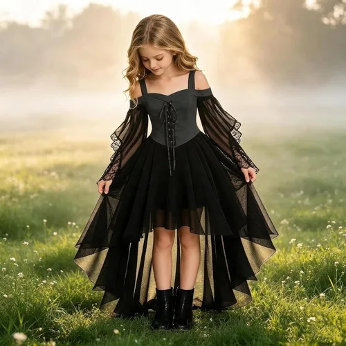 Vista 6 de Vestido de bruja gótica steampunk para niñas, disfraz de vampiro, cosplay Gris