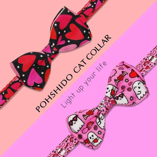 Vista 3 de Collar de gato para el día de San Valentín con pajarita y dijes BreakawayBack corazón y flores rosas para gatos machos y hembras, collar ajustable
