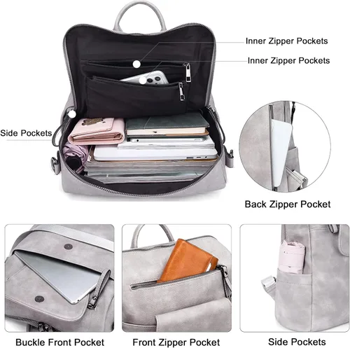 Vista 4 de Mochila de cuero para mujer, grande, convertible, antirrobo, mochila de viaje, Mochilas de viaje