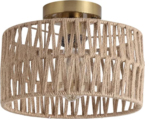 Vista 7 de Accesorio de Lámpara de Techo Empotrada Tejida en Oro Antiguo Costero, Luz de Techo Semi Empotrada Rústica Boho de Cuerda de Cáñamo Latón