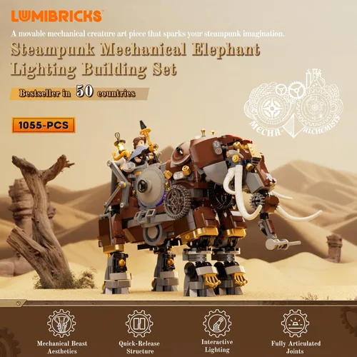 Vista 2 de Lumibricks Steampunk Steamphant Juego de bloques de construcción de iluminación - Set de modelo mamut, colección de juego de bloques de construcción