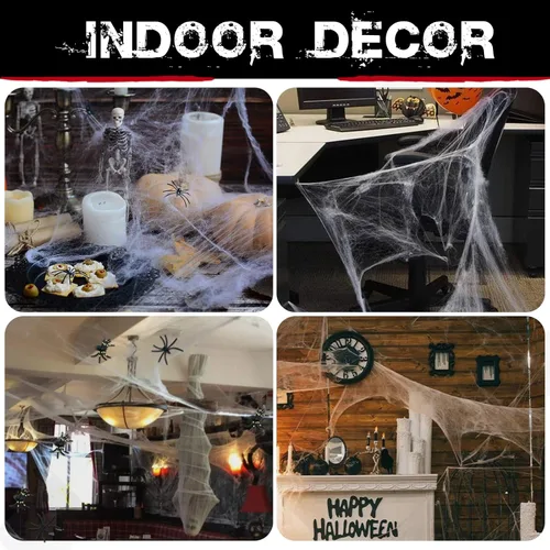Vista 6 de Decoraciones de telarañas de Halloween de 200 pies cuadrados con 10 arañas falsas extra, telarañas súper elásticas para decoración de Halloween