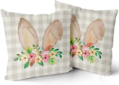 Vista 2 de Juego de 2 fundas de almohada de Pascua de 18 x 18 pulgadas, fundas de almohada decorativas de conejito de conejo, huevos de foral, funda de cojín