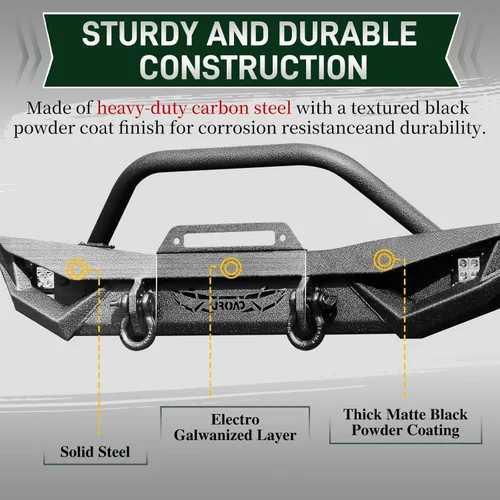 Vista 4 de JROAD Compatible con Jeep Wrangler, parachoques delantero con luces LED, 2 anillos en D, placa de cabrestante, 2018-2025JL y JLU (2/4 puertas)