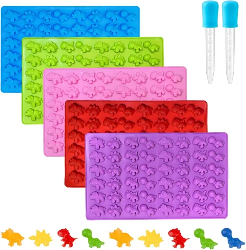 Vista 11 de 2 moldes de silicona para caramelos de dinosaurio, 8 cavidades con forma de T-rex, estegosaurio, triceratops, brontosaurio, antiadherentes y sin BPA
