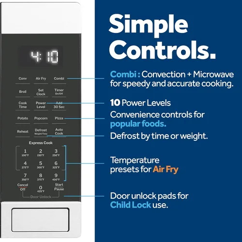 Vista 5 de GE GCST10A1WSS Horno de microondas de convección de 1.0 pies cúbicos, microondas de encimera de 1050W con función Air Fry y bandeja crujiente