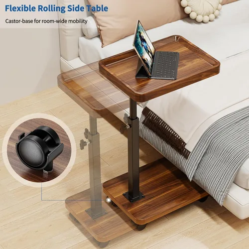 Vista 4 de Mesa C de Extremo Ajustable en Altura, Mesa de Bandeja para TV Giratoria 360° para Espacios Pequeños, Mesas Laterales con Ruedas para Sala de Estar