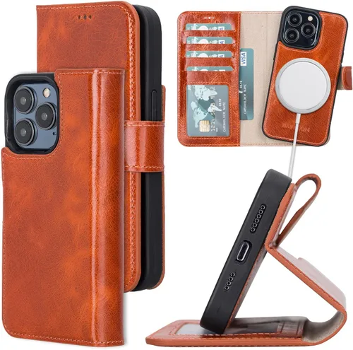 Vista 22 de Bayelon Funda para iPhone 13, funda de cuero de grano completo, [2 en 1] Cartera magnética desmontable para teléfono, funda abatible con ranuras