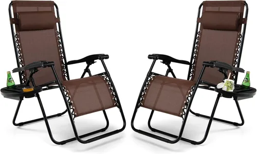 Vista 18 de Tangkula Zero Gravity - Silla plegable para patio, reclinable, ajustable, con soporte para tazas, reposabrazos anchos para patio, jardín, piscina