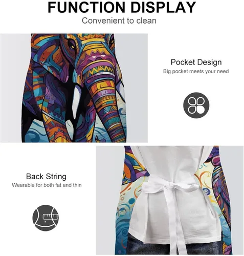 Vista 6 de Personalized Colorful Elephant Adult Apron, Kitchen Cooking Aprons for Woman Man, Adjustable Bib Apron with Pocket for Baking, BBQ Crafting