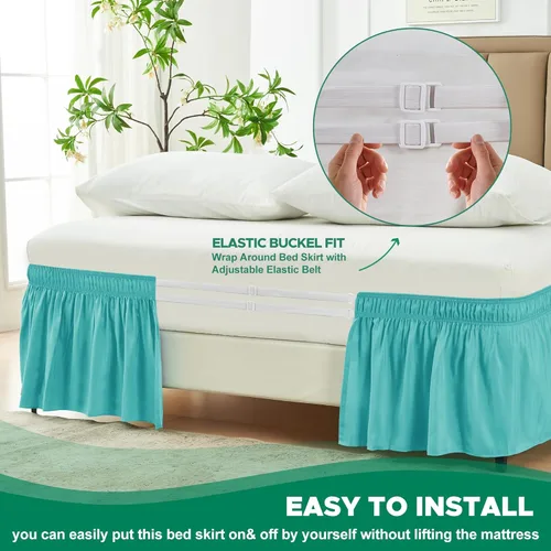 Vista 5 de Biscaynebay - Faldón de cama envolvente Queen de 15 pulgadas, con volantes, elástico, ajustable, aguamarina, fácil ajuste, resistente a las arrugas