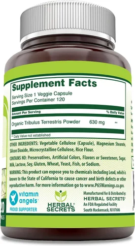 Vista 2 de Herbal Secrets Tribulus 630 mg 120 cápsulas vegetales Suplemento Sin OMG Sin gluten Fabricado en Estados Unidos