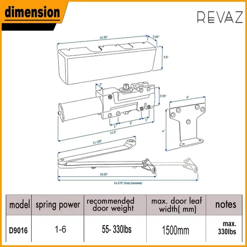 Vista 7 de REVAZ Cierrapuertas comercial extra resistente D9016 BC función 4040XP, certificación UL, cubierta de plástico ignífugo, tamaño ajustable 1-6, grado