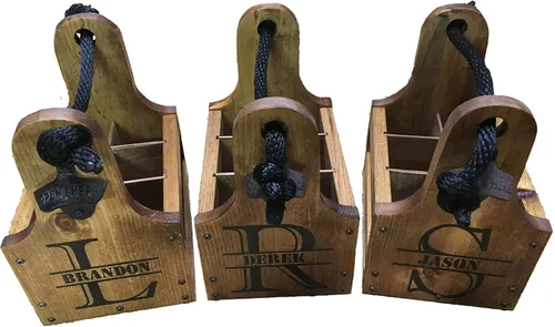 Vista 7 de Carrito de cerveza de madera personalizado con abrebotellas y colector magnético de tapas de botellas. Hecho a mano de madera rústica de seis