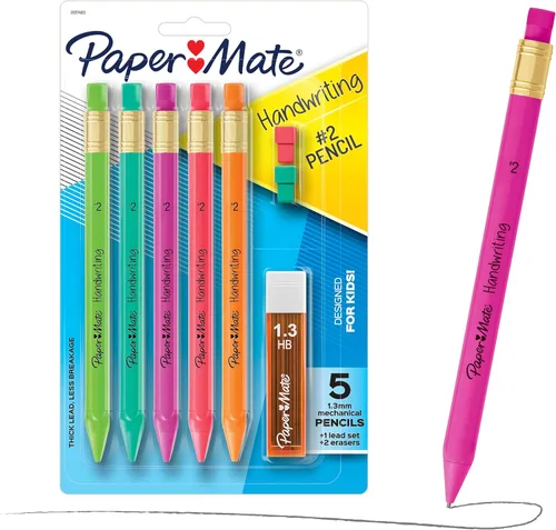 Paper Mate juego de lápices mecánicos triangulares para escritura a mano con recambio de minas y borrador,13 mm, colores divertidos, 8 unidades