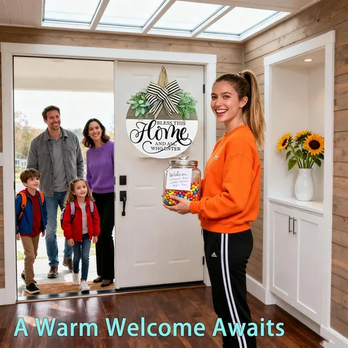 Vista 6 de Letrero de bienvenida para decoración de puerta delantera, coronas de madera rústica con vegetación y lazo, letrero de porche «Bless This Home»