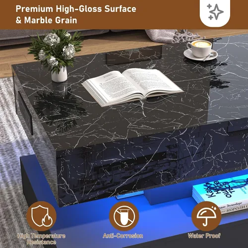 Vista 4 de chartustriable Mesa de Centro Grande de 39.4" con Tapa Elevable y Estación de Carga, Mesa Central LED Moderna de Alto Brillo con Compartimento