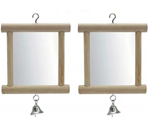 Vista 7 de Litewoo Espejo de pájaro colgante de madera, juguetes interactivos de juego para loros pequeños, guacamayos, periquitos grises africanos, cacatúas