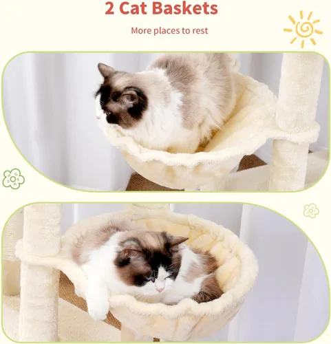 Vista 6 de Hey-brother Torre de árbol para gatos, postes rascadores con plataforma extragrande, condominio espacioso, 2 hamacas acogedoras, cepillo de autoaseo