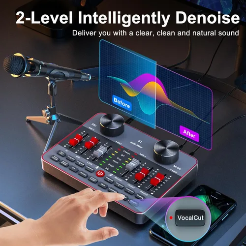Vista 5 de Conjunto de equipo de podcast para 2 micrófonos, kit de creador de contenido de video de Tiktok, interfaz de audio, mezclador DJ, tarjeta