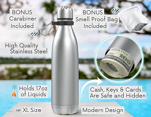 Vista 6 de Travah Botella de Agua de Desvío de Acero Inoxidable con Almacenamiento Oculto para Objetos de Valor - Aislada, a Prueba de Fugas y Sin BPA - 17oz