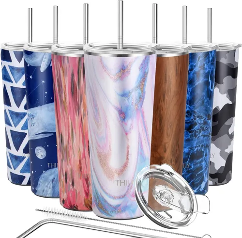 Vista 7 de THILY Vaso de viaje de acero inoxidable aislado al vacío, taza de café de 26 onzas con 2 tapas y popotes, a prueba de salpicaduras, mantiene