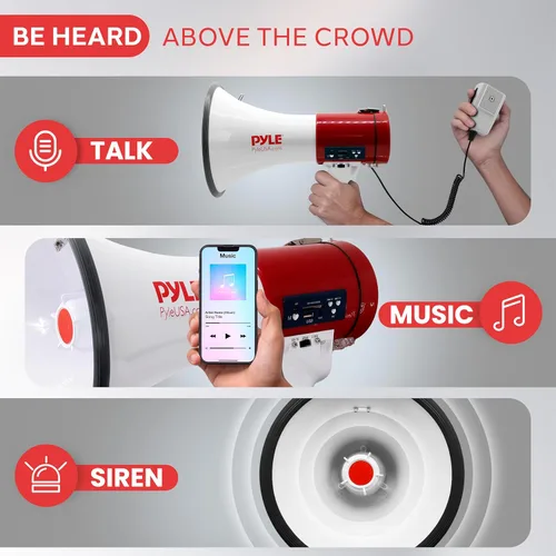 Vista 3 de Pyle Megaphone 50-Watt Siren Bullhorn - Bullhorn Speaker w/ Detachable Microphone, Portable Lightweight Strap & Rechargeable Battery - Professional