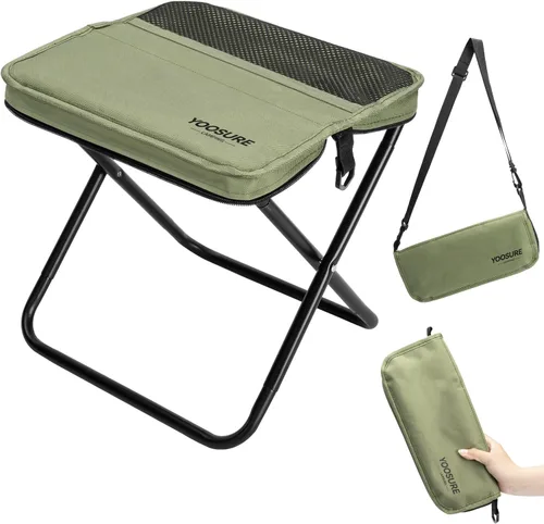 Vista 9 de Taburete plegable compacto de 11.5 pulgadas de alto, taburete plegable portátil con 2 bolsillos laterales, mini taburete plegable ligero