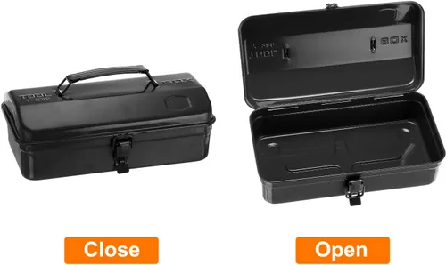 Vista 3 de HARFINGTON Caja de Herramientas 11.4" Caja de Herramientas de Acero Portátil Estilo Techo de Cadera con Cierre de Pestillo de Metal Cofre de Negro