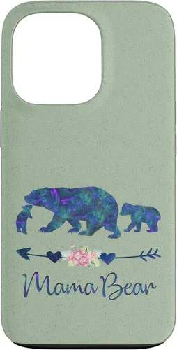 Vista 10 de Teal Blue Purple Floral Mama Bear and Two Cubs Light Green Case for iPhone 16