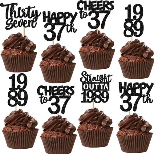 Vista 78 de 30 piezas de decoraciones para pastel de cumpleaños número 10, decoraciones de cupcakes negras con brillo, 10 feliz cumple, directo desde 2016, 10