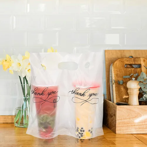 Vista 2 de MJOGGOTT Paquete de 500 bolsas de plástico transparente para beber, portavasos con asa, soporte desechable de agradecimiento para bebidas, café