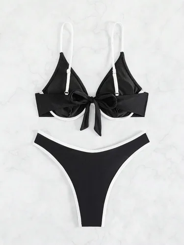 Vista 4 de MakeMeChic Conjunto de bikini de 2 piezas de corte alto con aros para mujer, con tirantes delgados, traje de baño push up