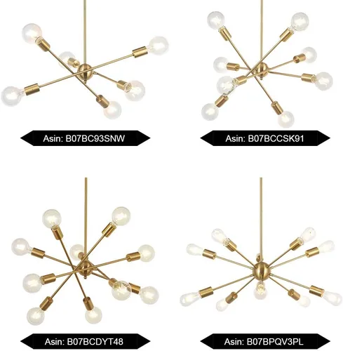 Vista 7 de BONLICHT Lámpara de techo Sputnik moderna de 6 luces, lámpara colgante de latón cepillado, lámpara de techo de mediados de siglo, luz de techo