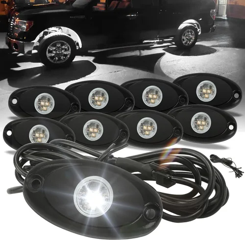 Vista 8 de SUNPIE 8 cápsulas de luces de roca de conexión rápida azul, cables de extensión de 4M para cada luz, 3 chips de alta potencia, almohadillas